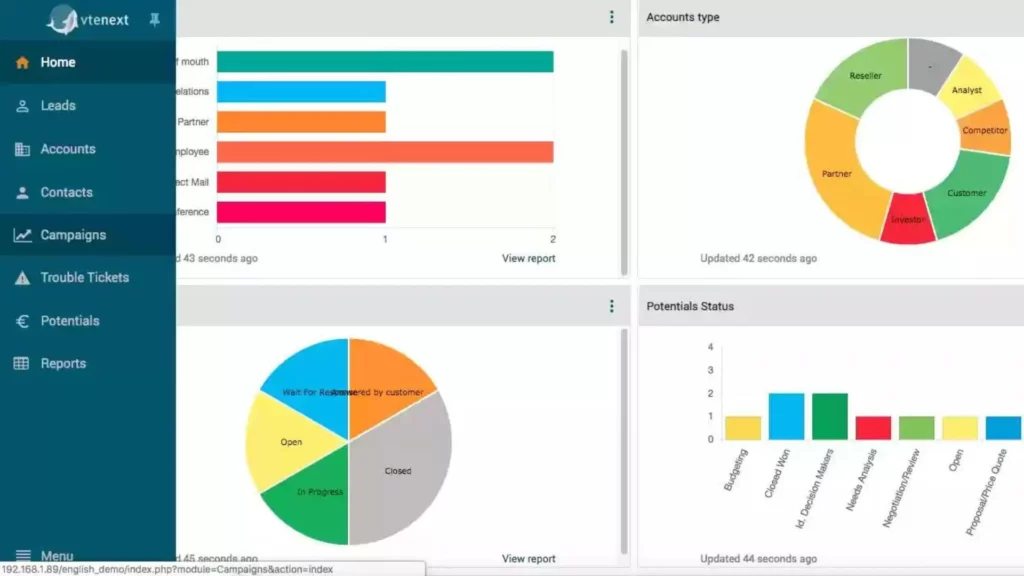 Pantalla de VtenextCRM destacando su integración de BPM y CRM.